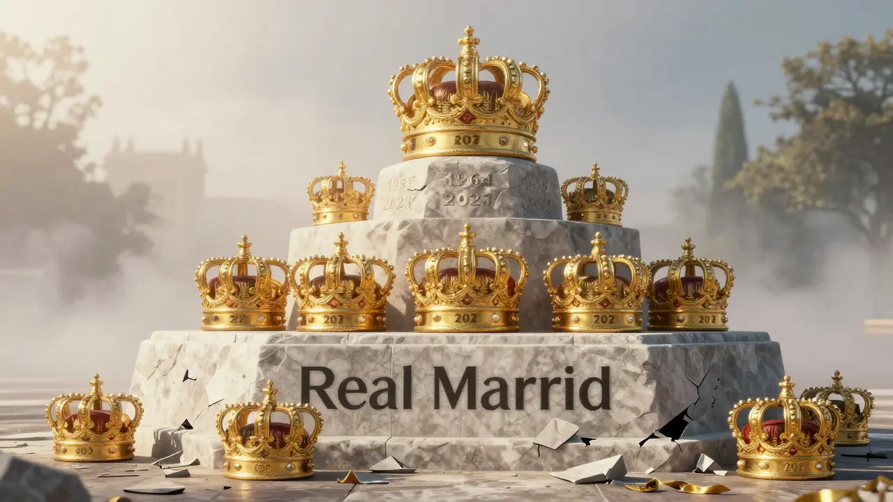 11 golden crowns on a stone pedestal symbolizing Real Madrid's unmatched EuroLeague titles.