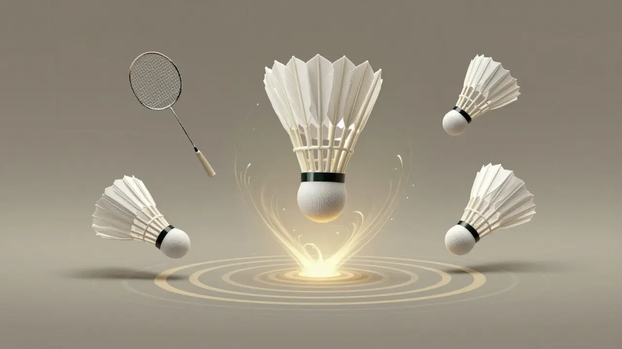 Abstraktní znázornění základních technik badmintonu kolem shuttlecocku.