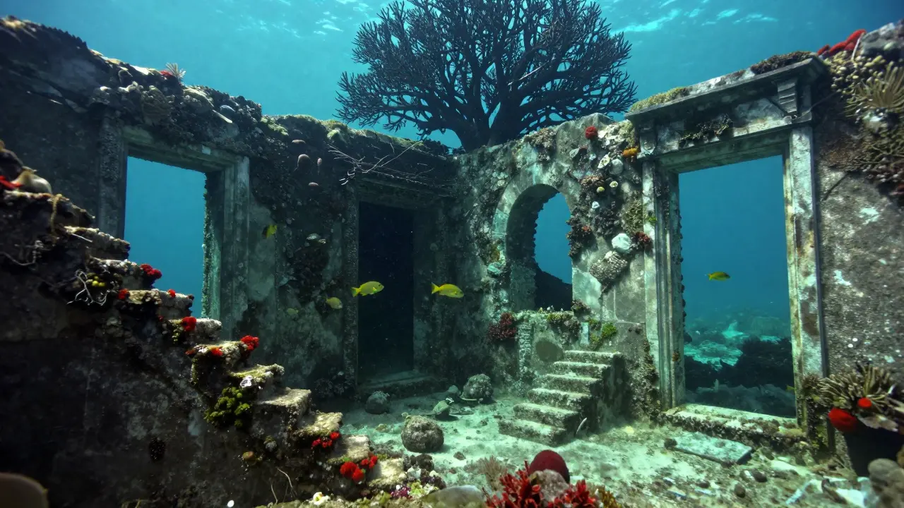 Ancient stone ruins of Spinalonga covered in algae, with fish swimming through crumbling staircases underwater.