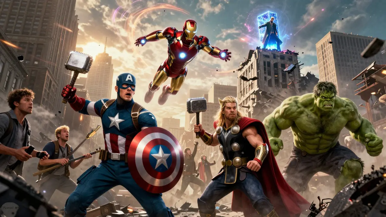 Avengers se shromažďují během bitvy v New Yorku proti Lokiho armádě.