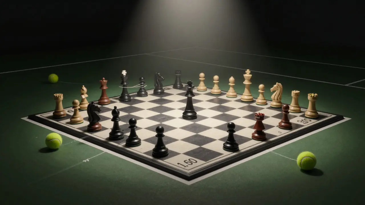 Chessboard turned into tennis court with odds on squares and underdog piece poised to win.