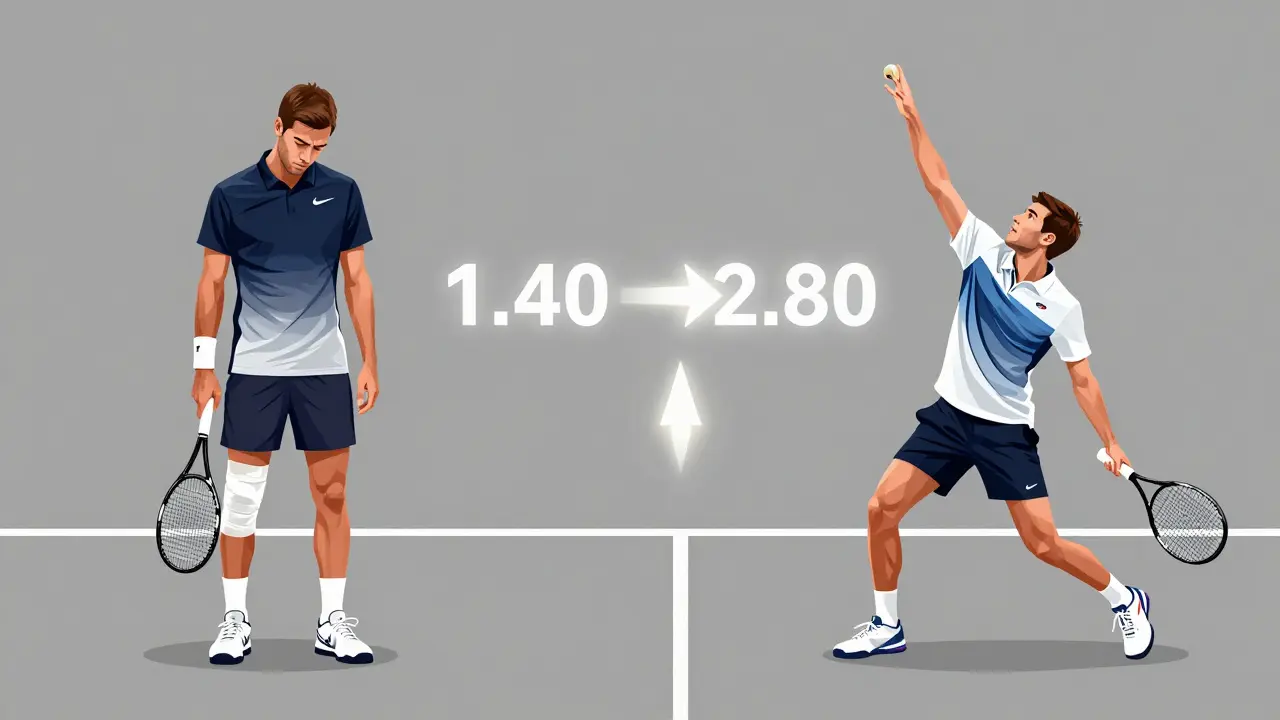 Contrasting images of a tired top player and energetic underdog on court with odds between them.