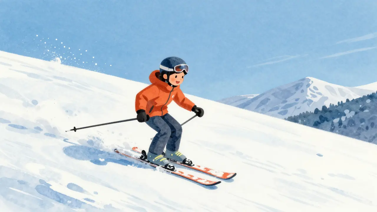 Dítě sježdí pomalou zatáčku na správně nastavených lyžích s radostným výrazem.