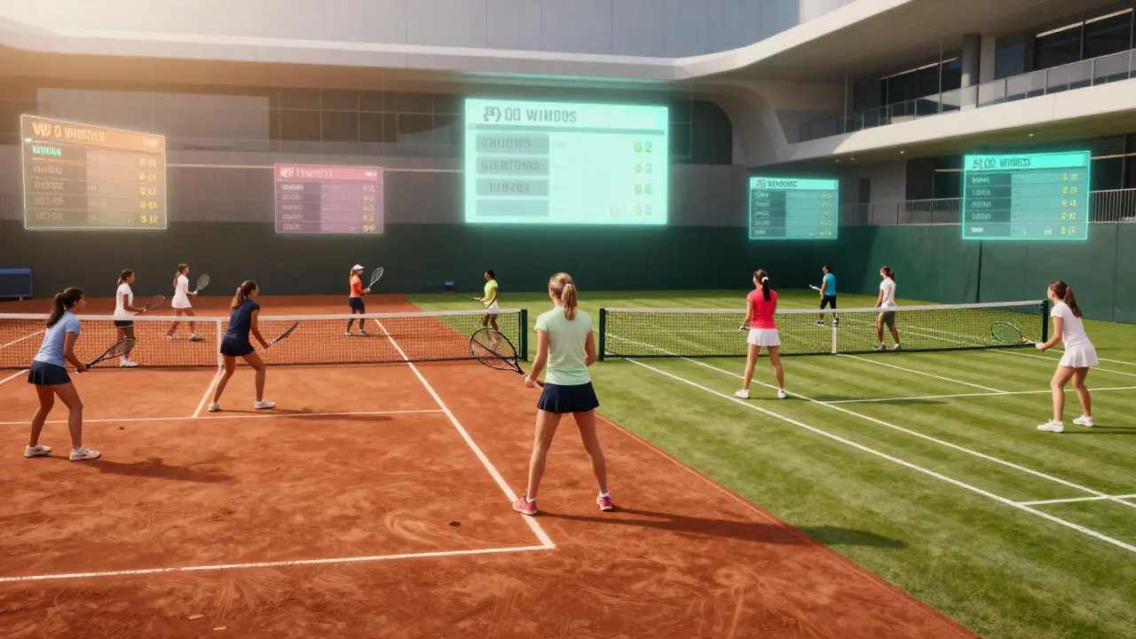 Dívky z různých zemí trénují na třech typech povrchů v moderním tenisovém centru, kolem nich se objevují digitální statistiky.