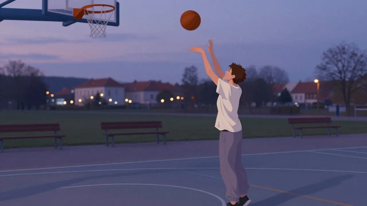 Dospělý muž střílí basketbal ve večerní světlosti na veřejném hřišti v Žabovřeskách.