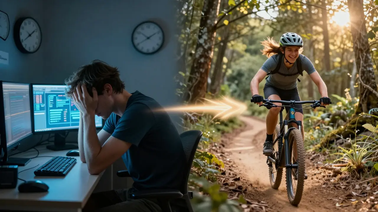 Dvě části scény: stresující kancelář vlevo, volná jízda na MTB vpravo, spojené světlem.