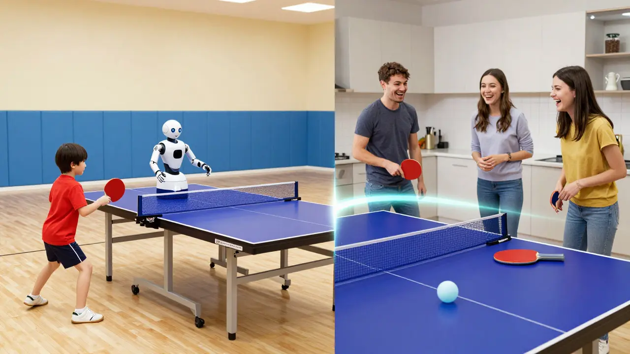 Dvoučástný obraz: dítě v Číně trénuje stolní tenis vs. přátelé hrající ping pong v kuchyni.