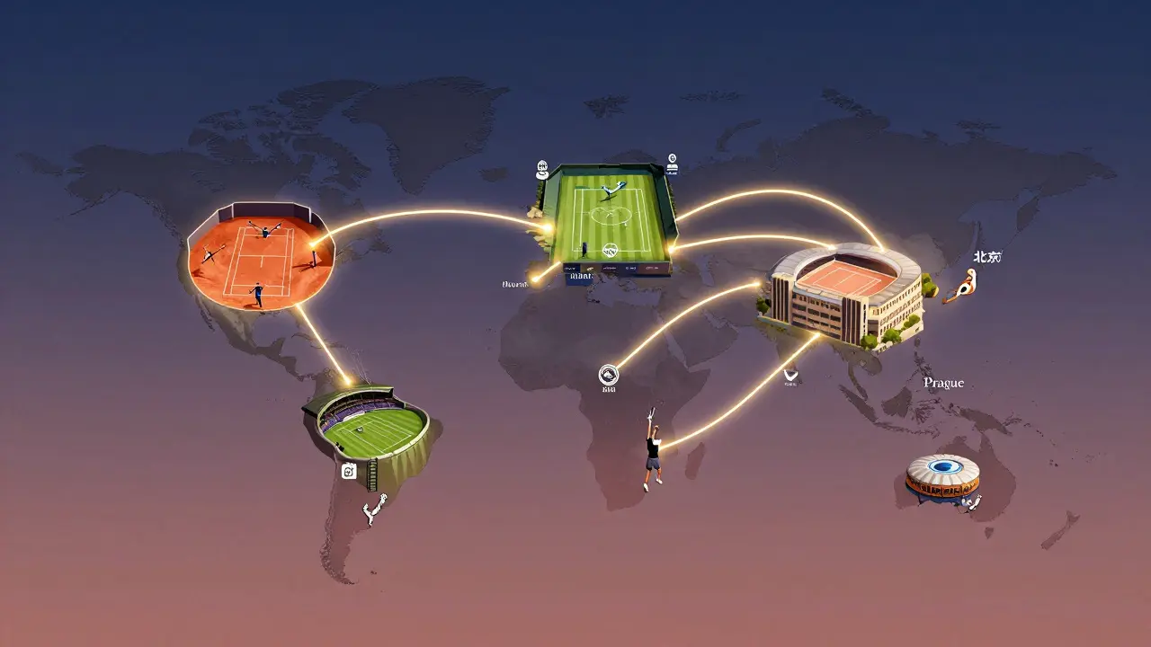 Globální mapa WTA s označenými turnaji v Madridu, Miami, Wimbledonu, Pekingu a Praze, propojenými zlatými čarami.