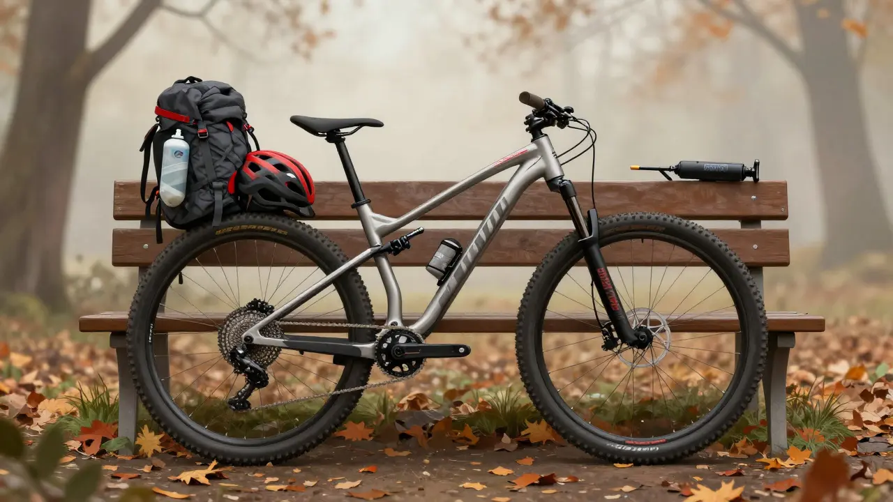 Hardtail MTB kolo s 29palcovými koly stojí na lavičce s přilbou, čerpadlem a nádobou na vodu.