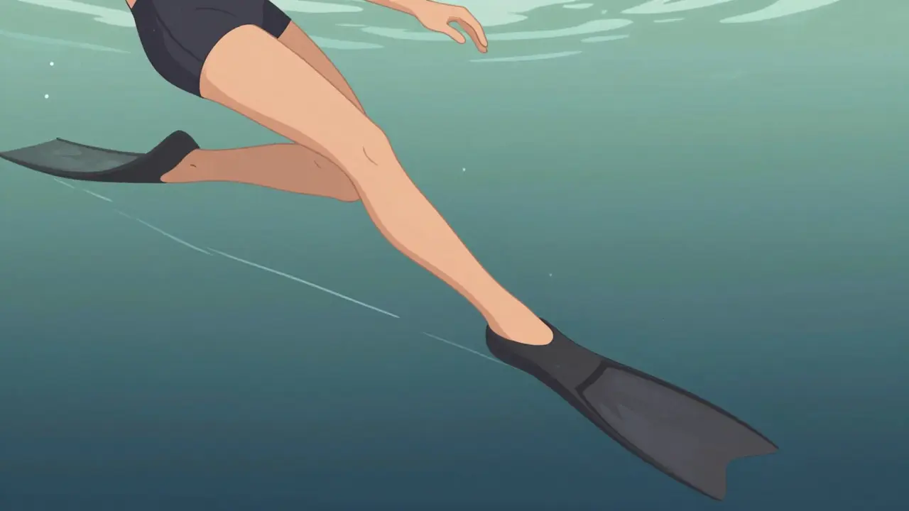 Ilustrace správného pohybu nohou při plavání s ploutvemi, pohyb začíná v kyčli.