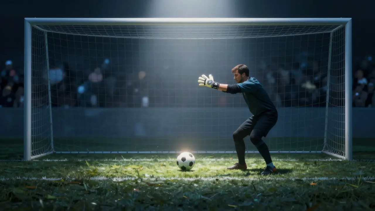 Izolovaný pokutový kop pod osvětlením, míč ve vzduchu, ruce brankáře se táhnou.