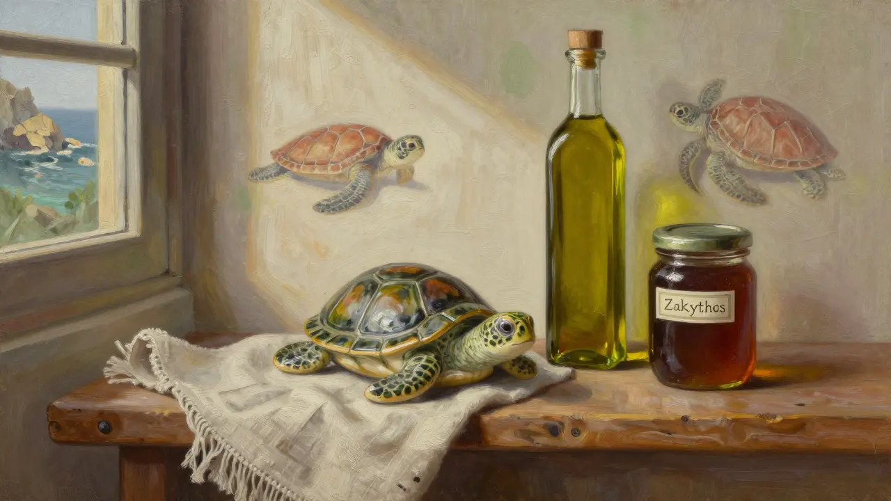 Keramická soška mořské želvy, olivový olej a med z Zakynthosu na dřevěné poličce.