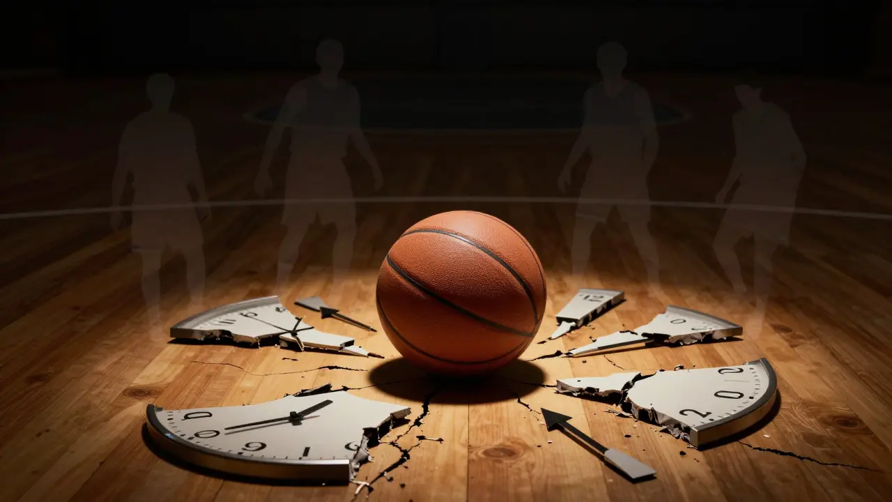 Kulatý míč na dřevěném podlaze s rozbitými ručičkami hodin symbolizujícími časové změny.