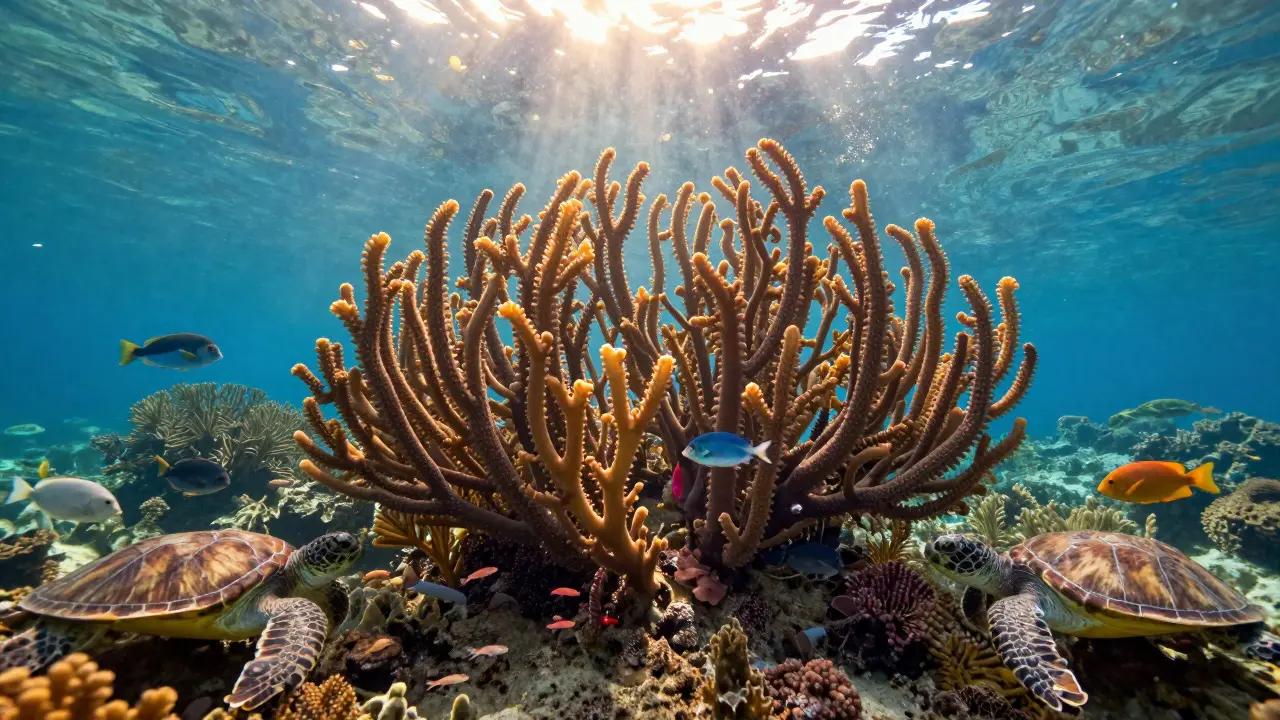 Lush underwater seagrass forest with colorful soft corals and marine life in the waters around Crete.