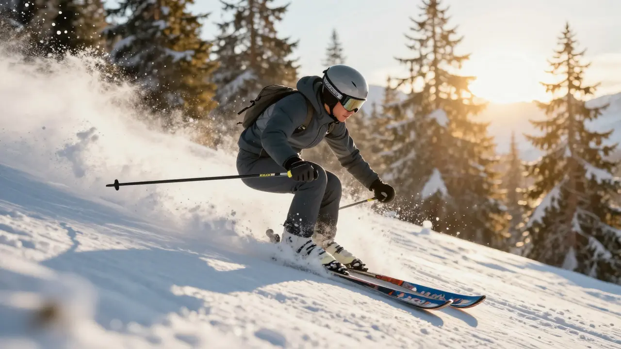 Lyžař rychle zatáčí na ledovém svahu, ostré hrany lyží se vřízají do sněhu.