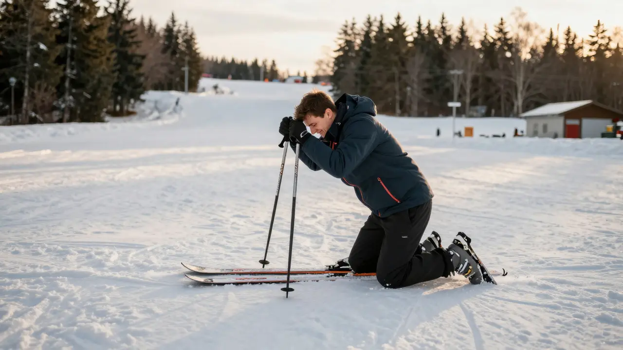 Lyžař vstává po pádu s jednou lyží odstraněnou, drží tyče a klidně se zvedá z kolen.