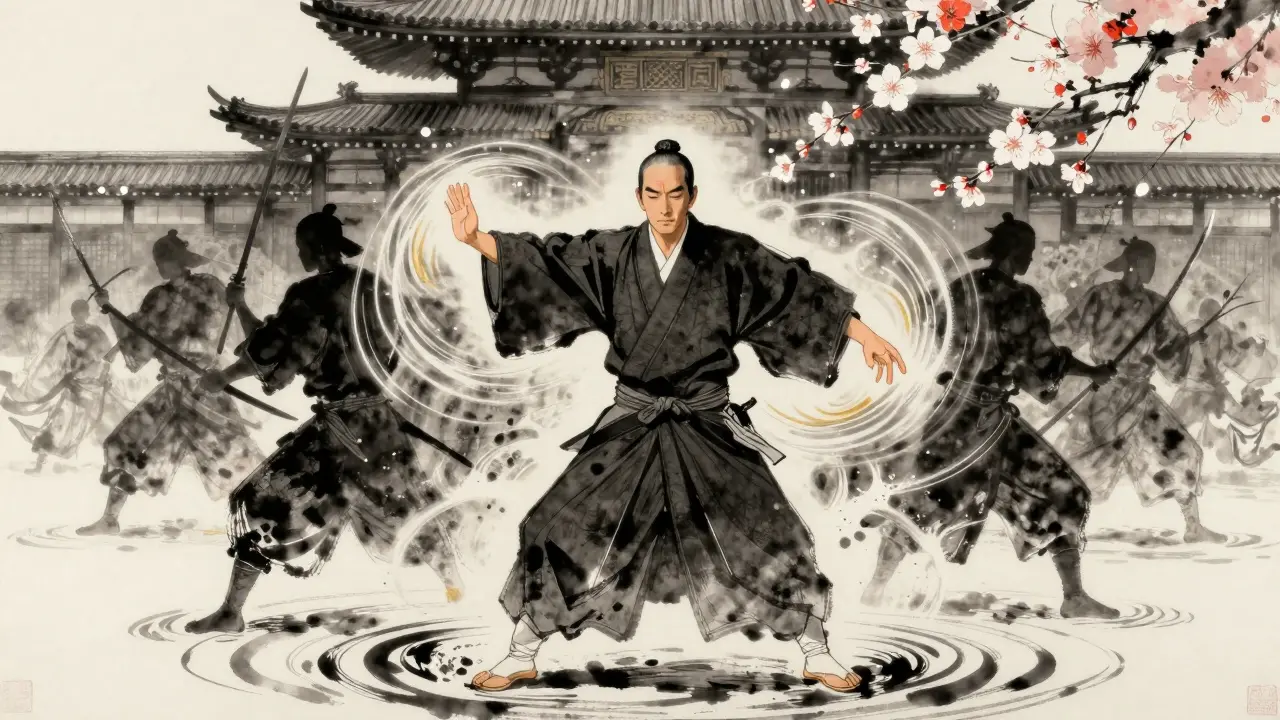 Morihei Ueshiba v klasickém oblečení, jeho ruce odvrací neviditelnou sílu, za ním rozptýlení válečníci a květy třešně.