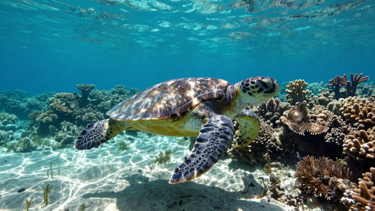 Mořská želva plující nad korálovým útesem v čisté vodě u Zakynthosu.