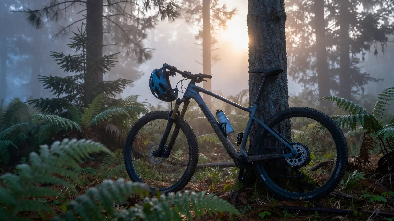 MTB kolo opřené o strom v mlze, s helmou a láhví vody, ráno v českém lese.