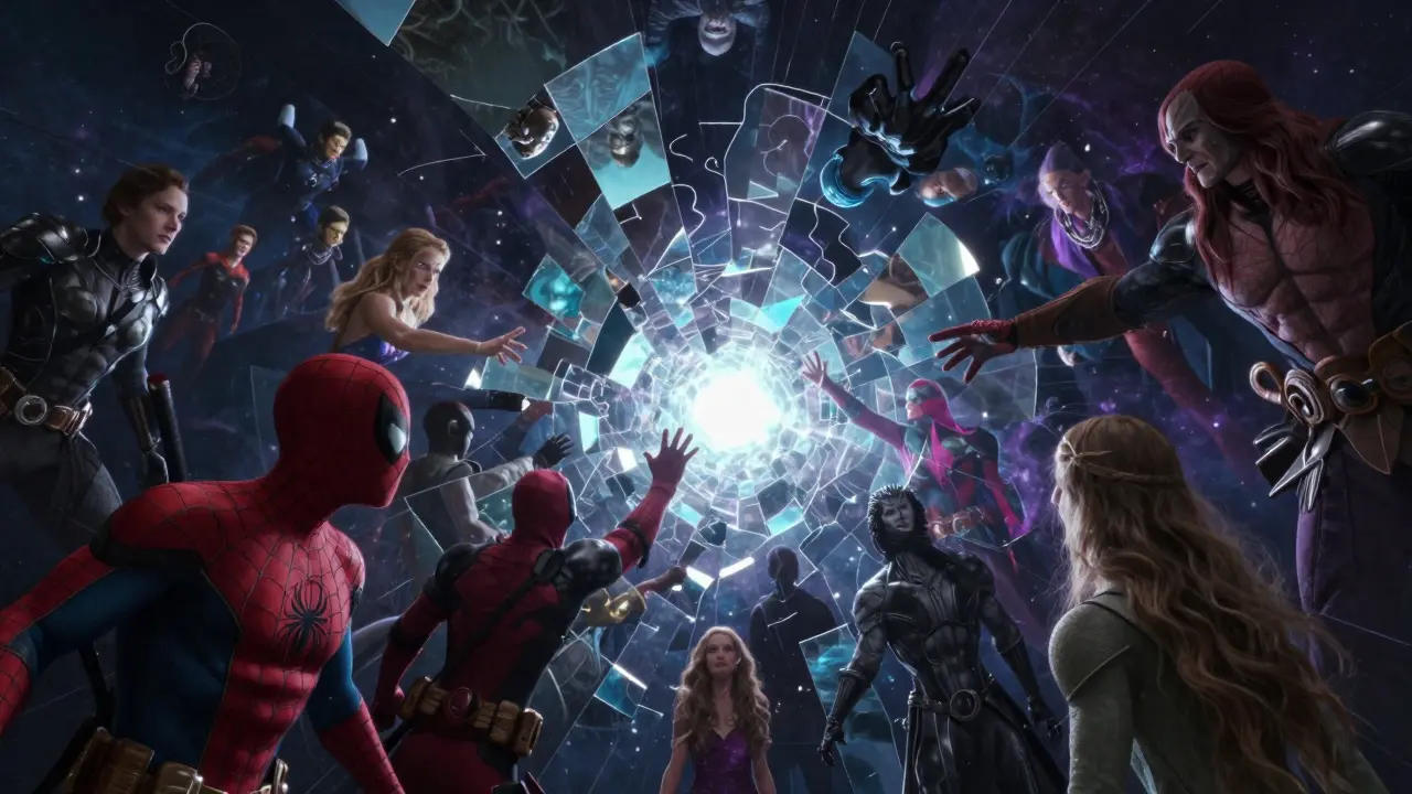 Multiverzum se svařuje do jednoho bodu s postavami Marvelu v letadlové závěsi.