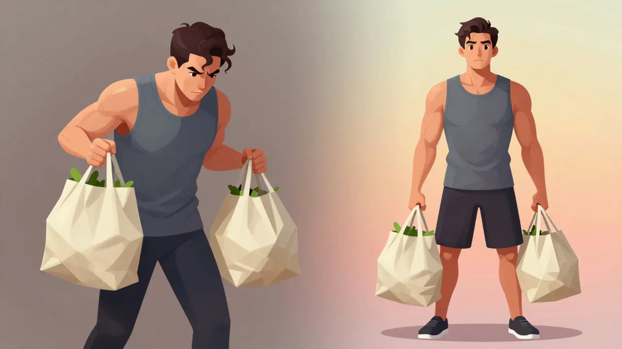 Muž jednoduše nese nákup, zatímco dříve mu to dělalo problém – známka růstu svalů v běžném životě.