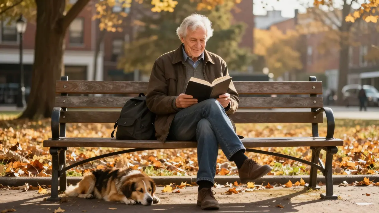 Muž sedí na lavičce v parku s knihou a psem, zlatý večer, klidná atmosféra.