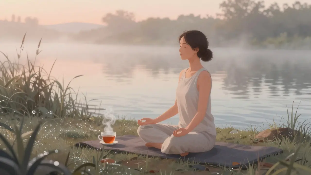 Osoba dělá jemnou jógu u řeky na ranním světle, bez zařízení, jen klid a příroda.