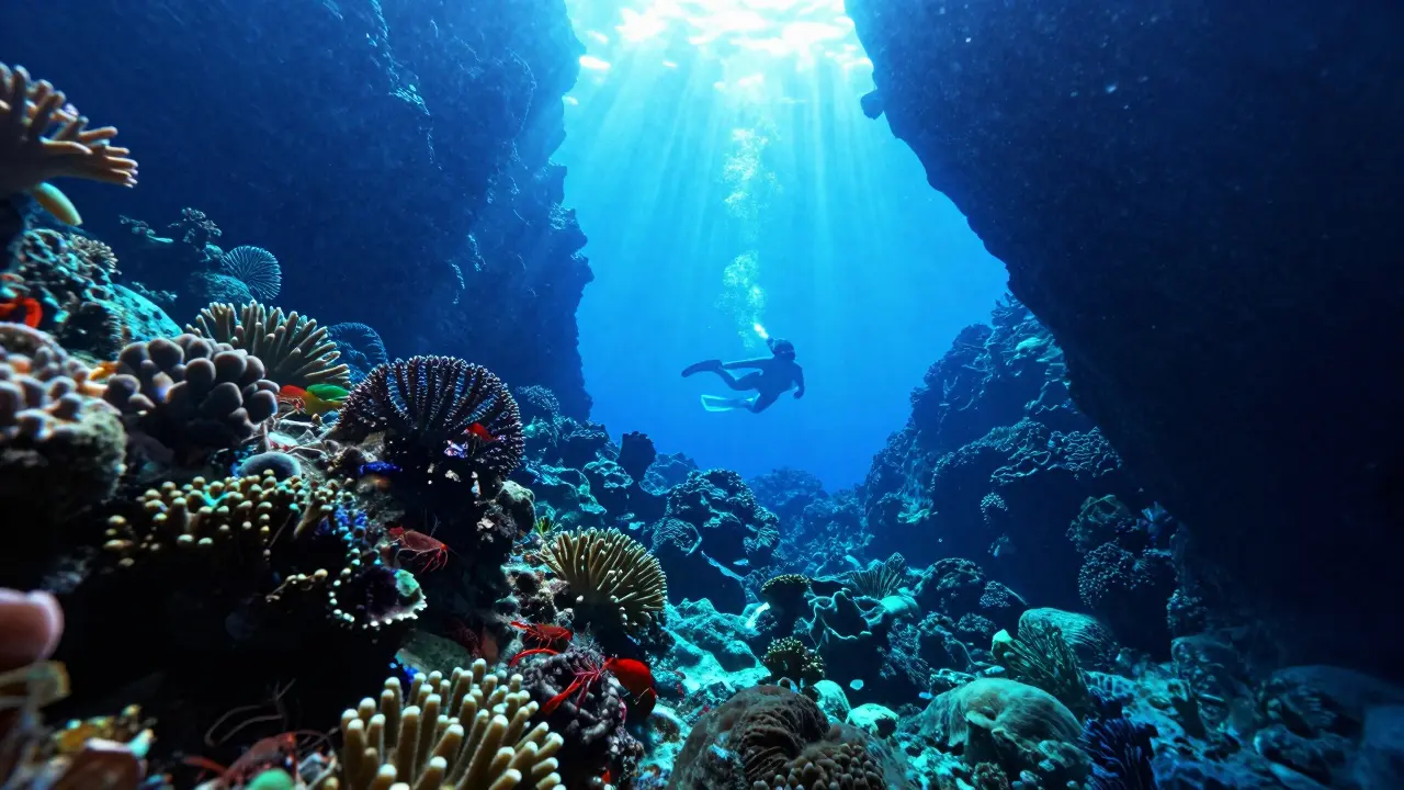 Podvodní pohled do Modrých jeskyní na Zakynthosu, kde sluneční paprsky osvětlují korály a krevety.