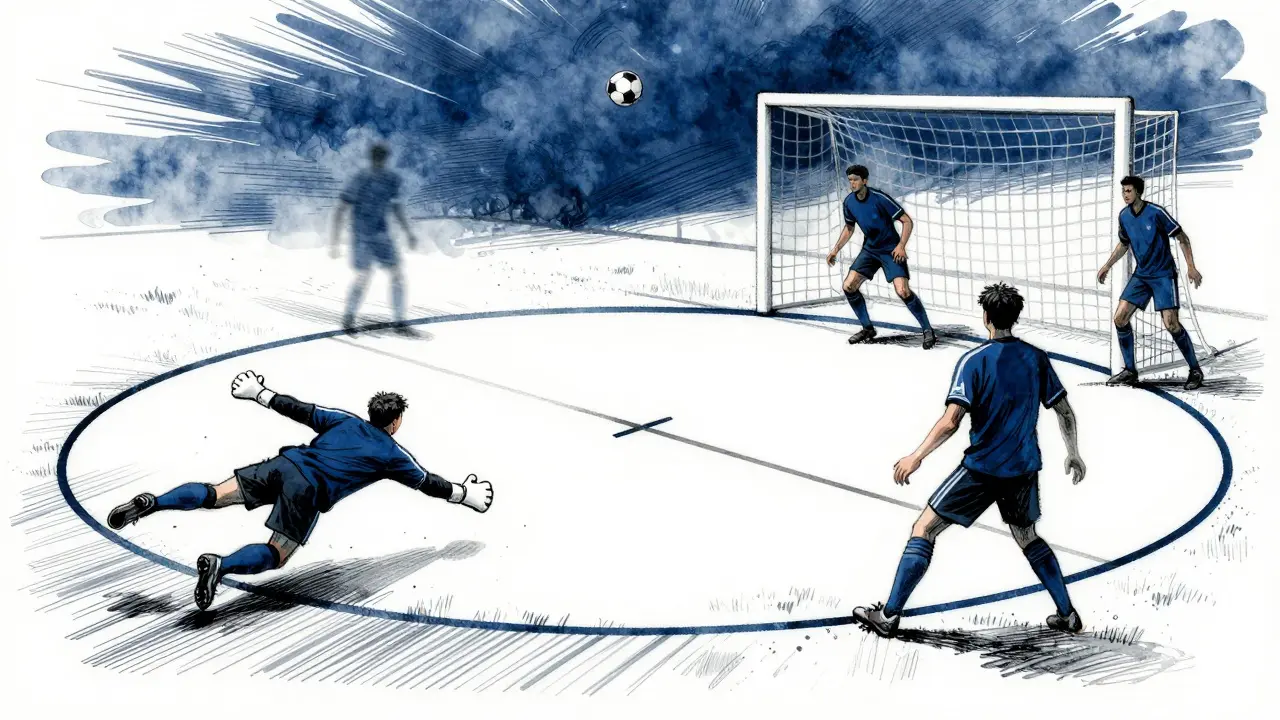 Pokutový kruh a křížek na hřišti, míč letí k rohu branky, hráči za kruhem.