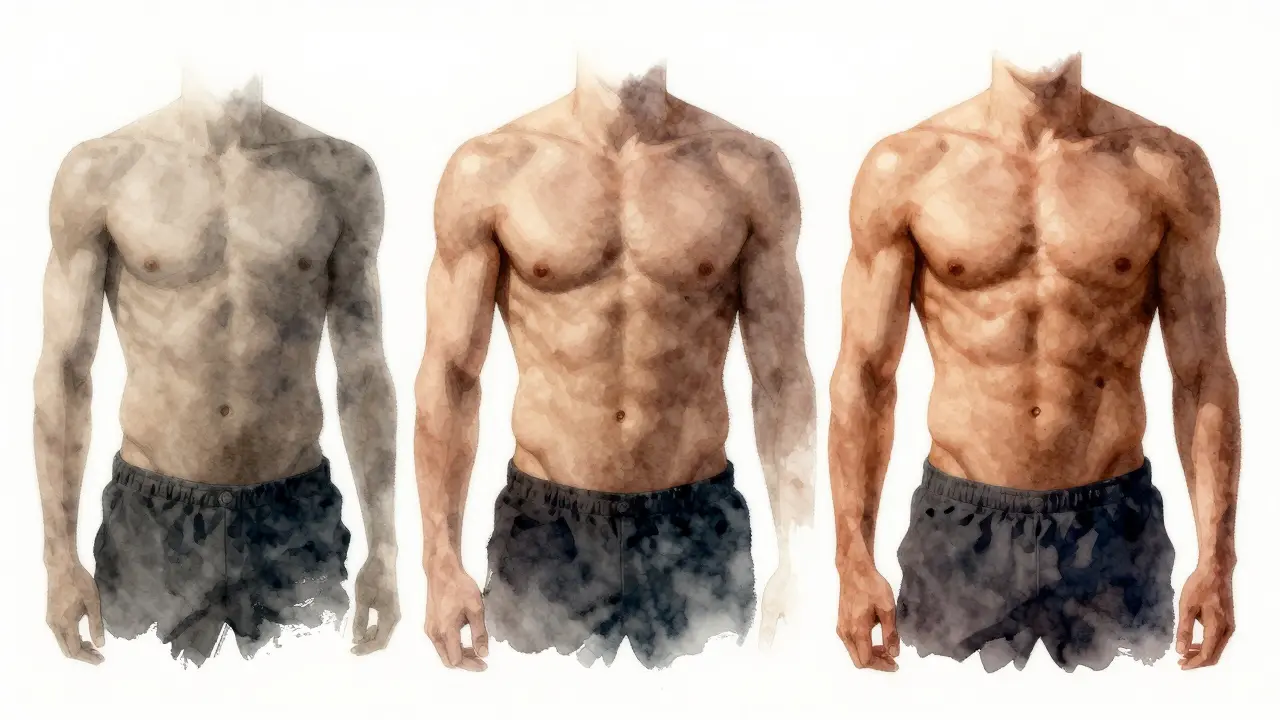 Postava se postupně mění od hubeného těla k vypracovanému svalovému tělu v jedné kompozici.