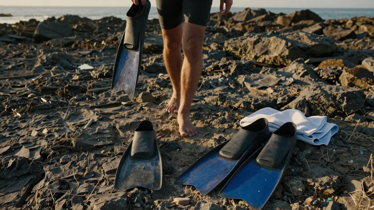 Potápěč drží ploutve v ruce na pobřeží, poškozené ploutve leží na kameních.