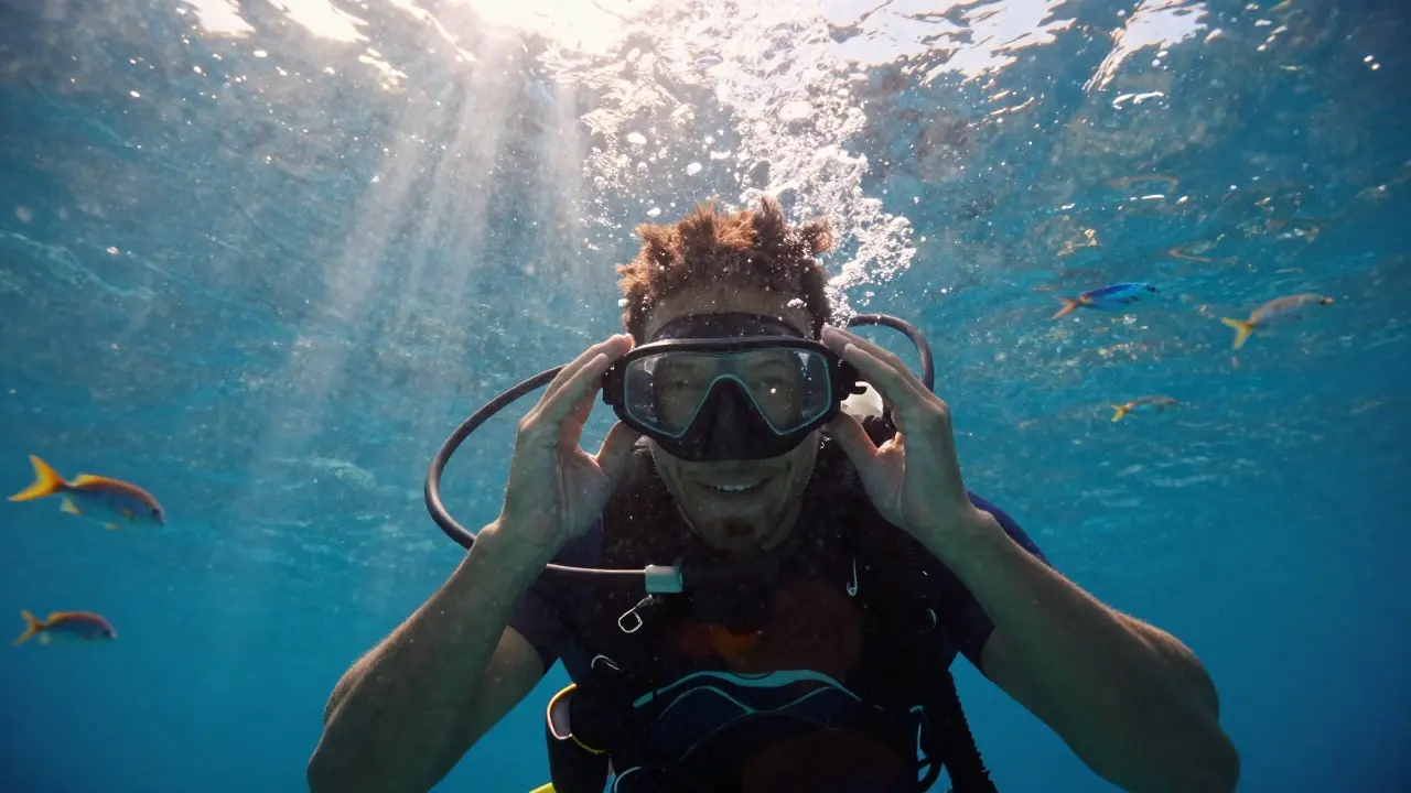Potápěč vynořující se z vody s jasnými brýlemi a úsměvem na tváři.