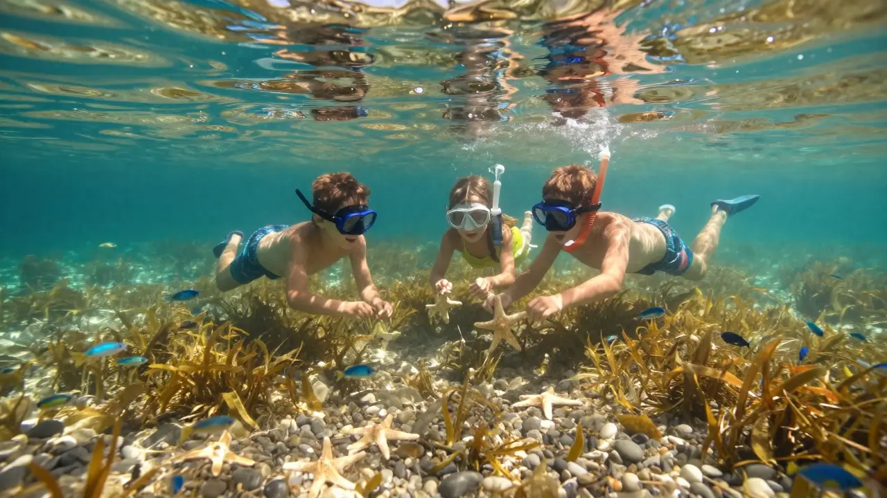 Rodina šnorchluje v mělké vodě u Agios Nikolaos, kde vidí mořské hvězdy a rybičky mezi mořskou trávou.