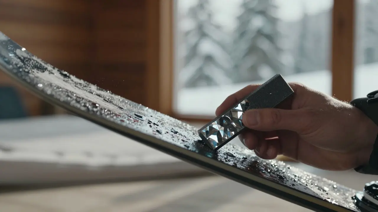 Ruka brousí hranu lyže brousicím kamenem s vodou, sníh a dřevěný chatový výhled na pozadí.