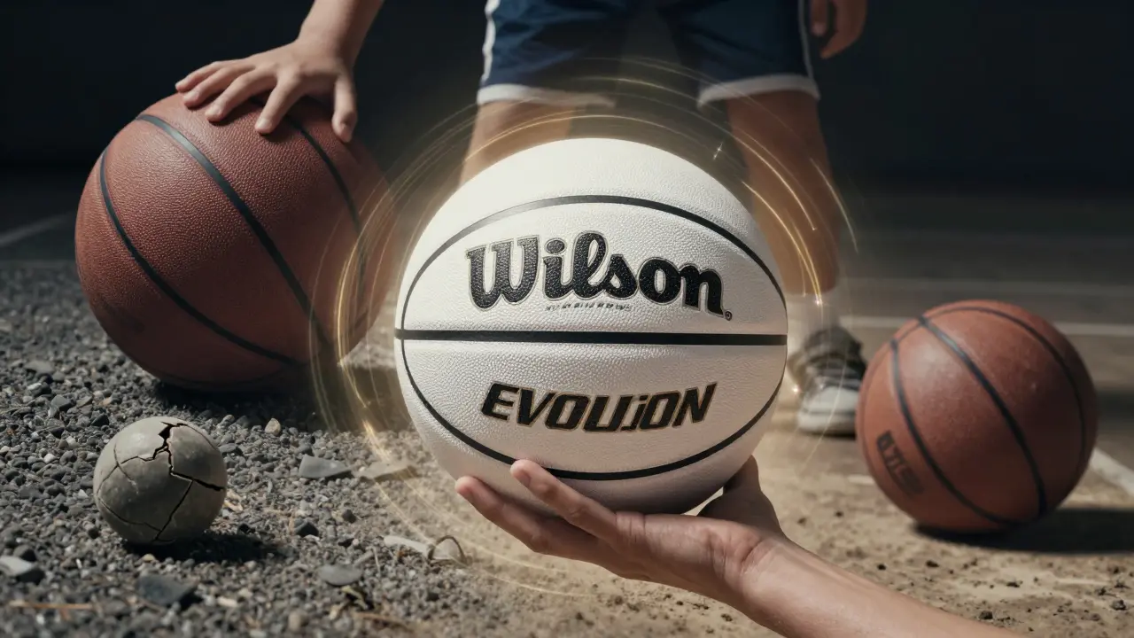 Ruka drží kvalitní basketbalový míč, kolem něj se rozšiřují energie kontroly a přesnosti.