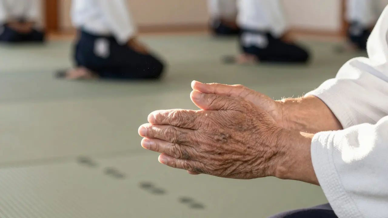 Staré a mladé ruce spojené v aikido pozici, sluneční světlo a prach ve vzduchu, symbol spojení generací.