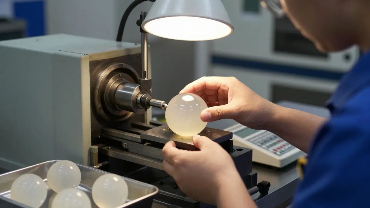 Technik opracovává kulečníkovou kouli na soustruhu v výrobním prostředí.