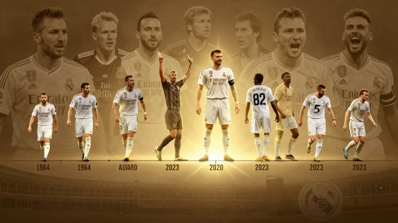 Timeline of Real Madrid's EuroLeague dynasty from 1964 to 2023 with legendary players in golden glow.