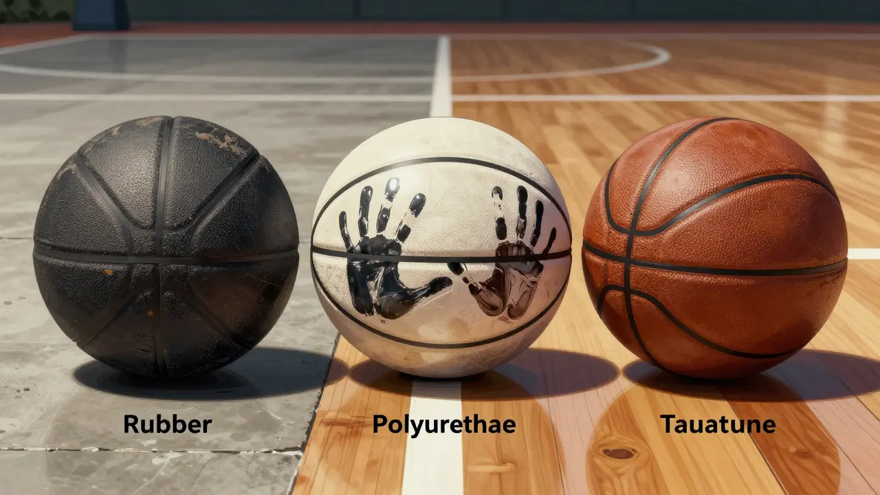 Tři basketbalové míče různých materiálů na různých površích: guma, polyuretan a pravá kůže.