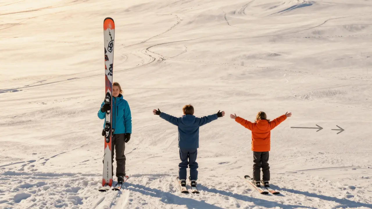 Tři páry lyží na sněhu: příliš dlouhé, příliš krátké a správné délky s dítětem.