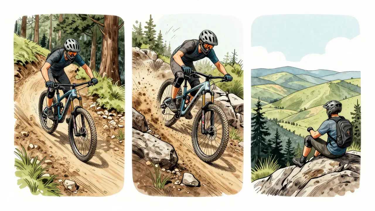 Tři typy MTB kol v ilustraci: hardtail, full suspension a výhled z kopce, styl vodové barvy.