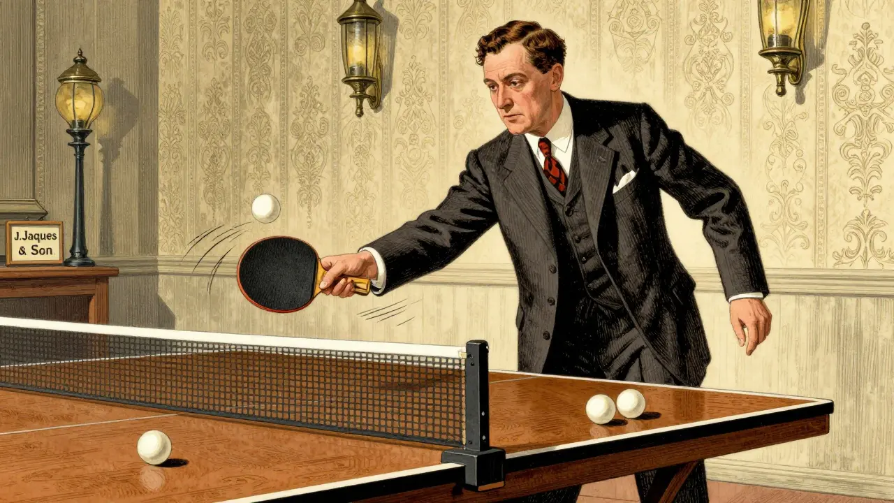 Vintage ilustrace britského muže hrajícího ping pong v roce 1920 s původní značkou J. Jaques &amp; Son.
