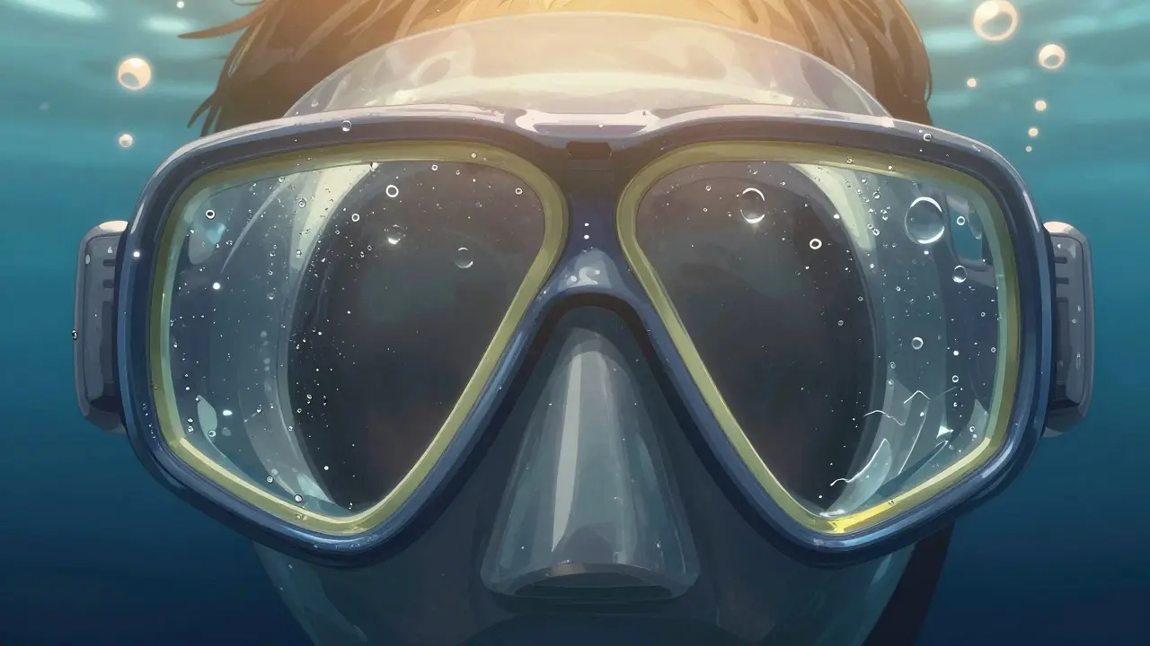Vnitřní povrch potápěčských brýlí s tenkou, rovnoměrnou vrstvou sliny místo mlhy.