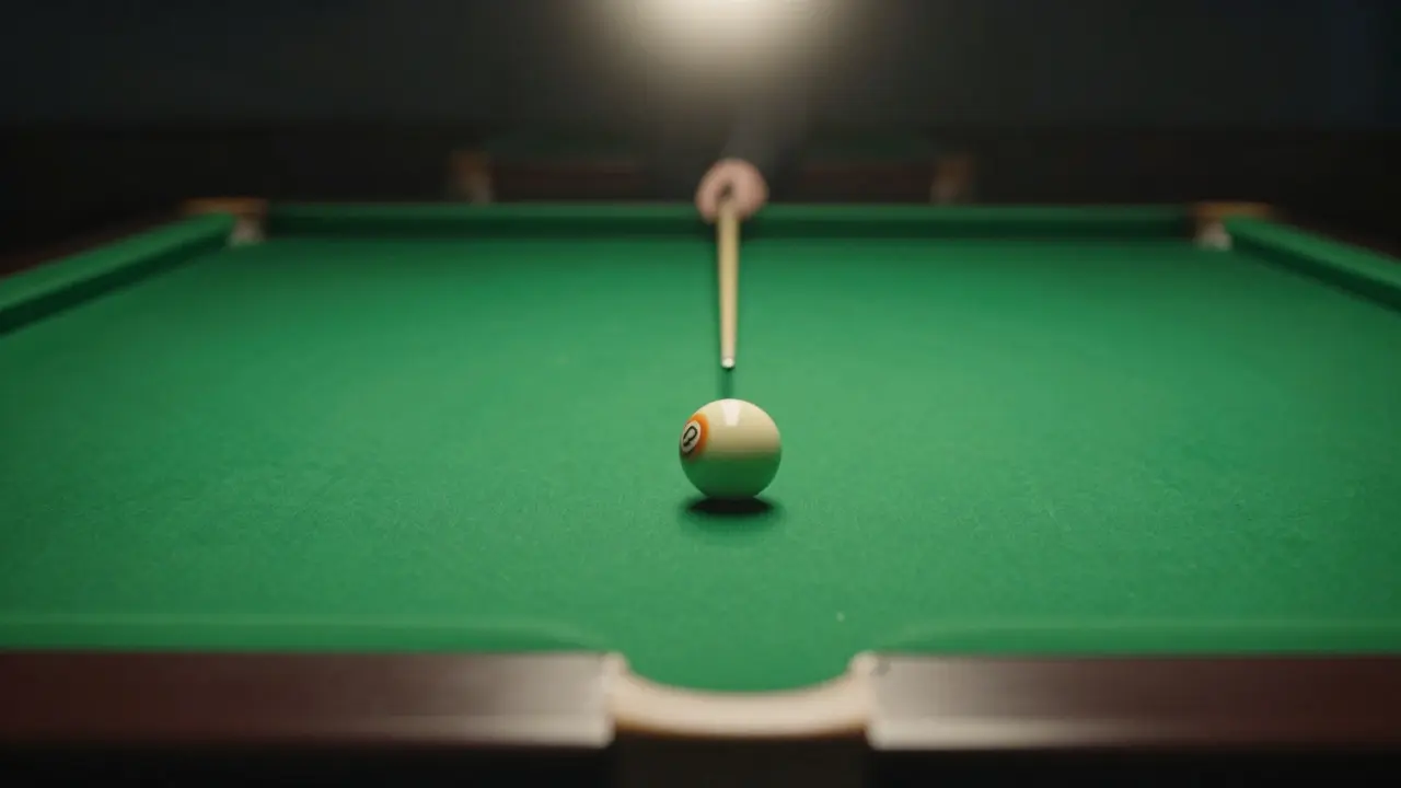 Bílá koule v pohybu směrem k díře na bilardovém stole, s detailním zobrazením plátna a okraje díry.