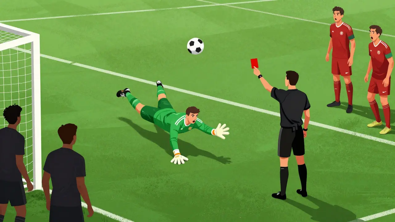 Brankář zablokuje míč rukou mimo trestný úsek a dostává červenou kartu od soudce.
