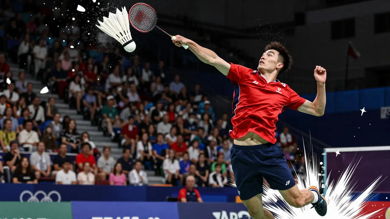 Český hráč badmintonu s raketou v úderu, míček letí rychle s peřími rozptýlenými ve vzduchu.