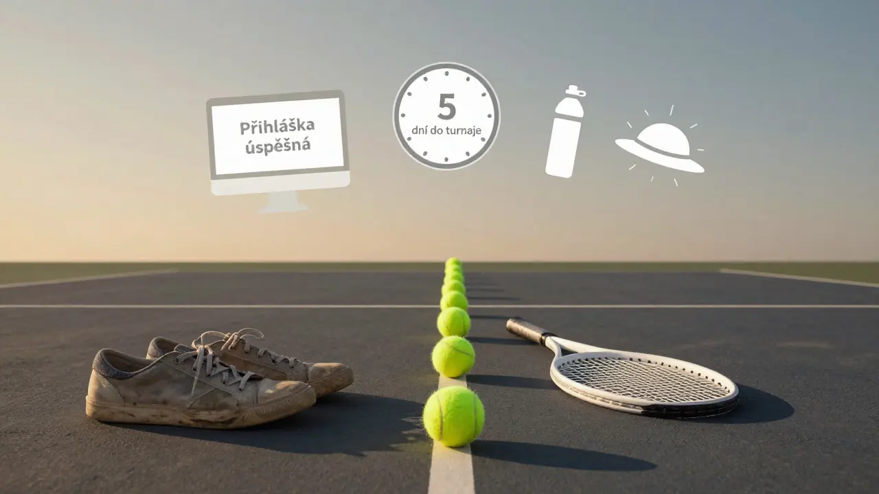 Cesta nováčka k turnaji: boty, raketou a symboly přihlášky na tenisovém hřišti.