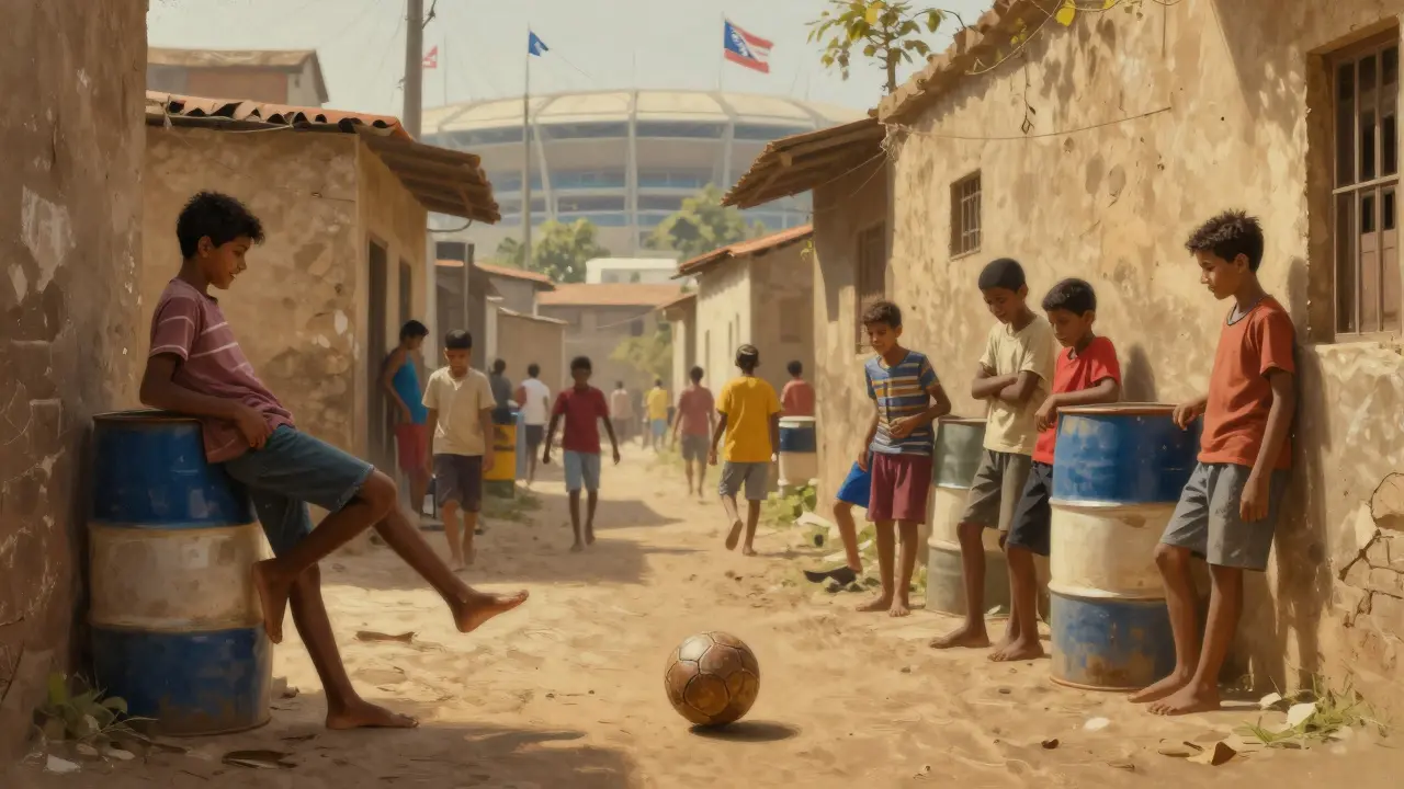 Children around the world play football with a worn ball in streets, alleys, and courtyards.