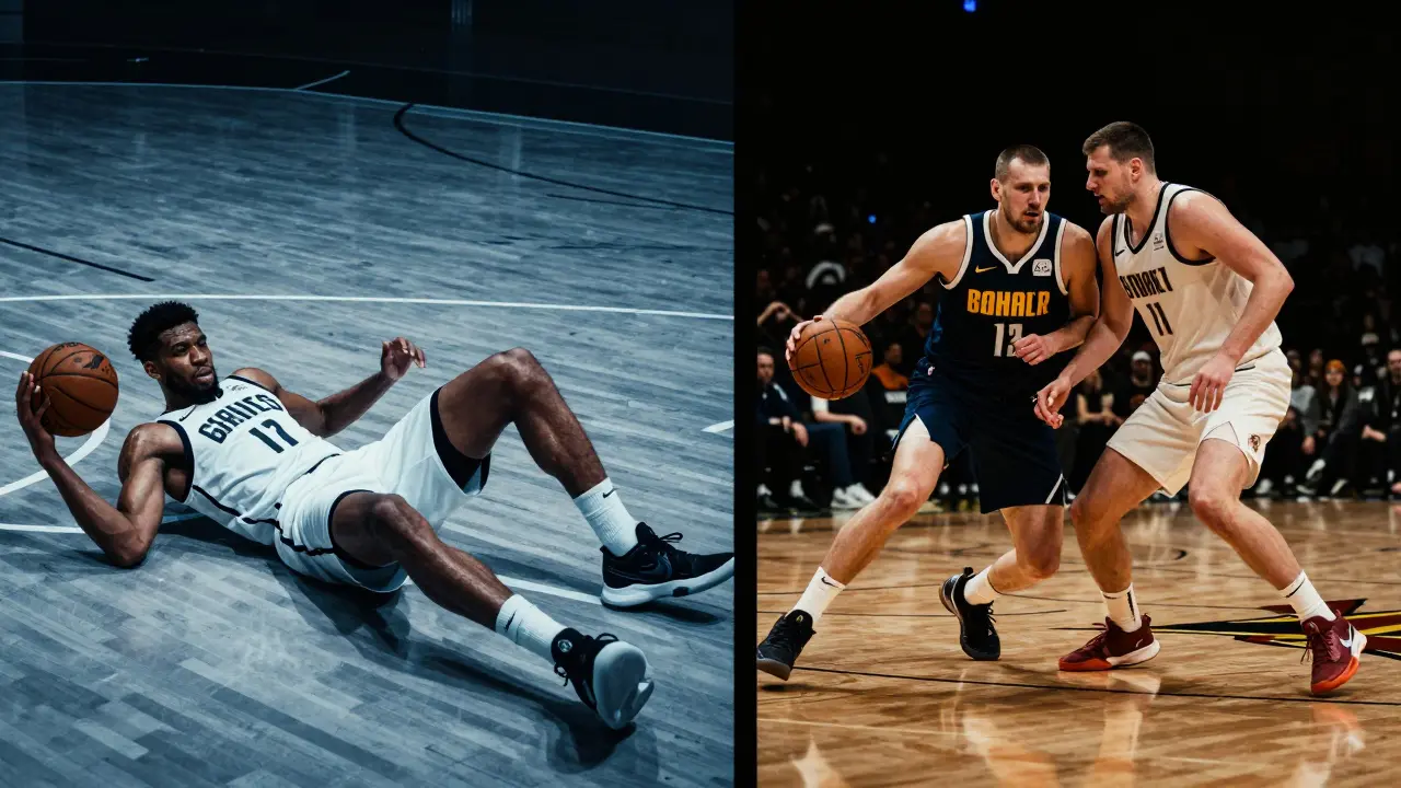 Contrasting images of a player losing balance versus staying agile under pressure.