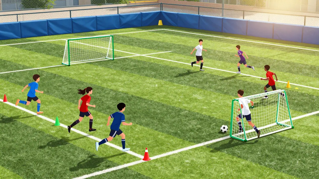 Děti hrající fotbal na menším hřišti 55 × 35 metrů s malými brankami a umělou trávou.